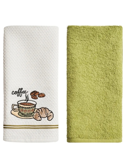 Набор кухонных полотенец вафельное полотно + махра 2 шт. / Белый, зеленый (maxi)