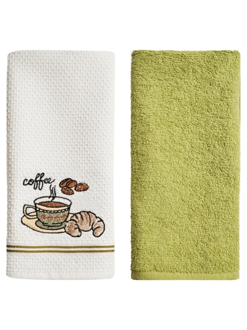 Набор кухонных полотенец вафельное полотно + махра 2 шт. / Белый, зеленый (maxi)