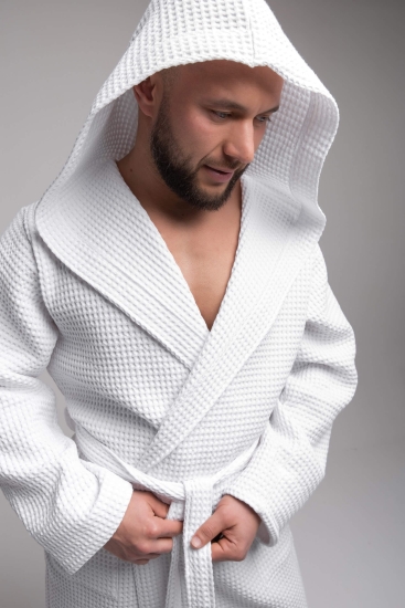 Мужской халат вафельный с капюшоном PandaHug Orlando / Белый