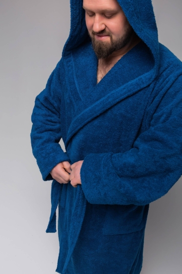 Мужской халат махровый с капюшоном / Синий