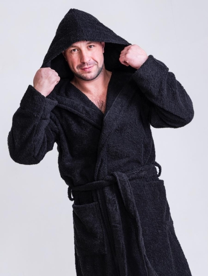 Мужской халат махровый с капюшоном / Черный