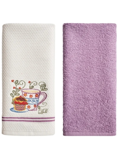 Набор кухонных полотенец вафельное полотно + махра 2 шт. / Белый, фиолетовый (maxi)