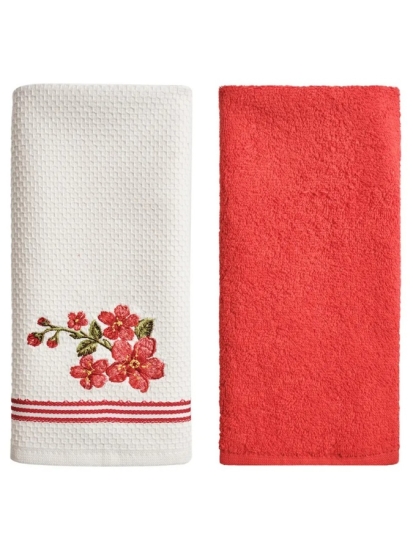 Набор кухонных полотенец вафельное полотно + махра 2 шт. / Белый, красный (maxi)